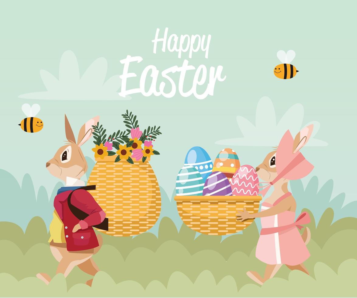 happy easter card with rabbits couple and baskets in the camp vector