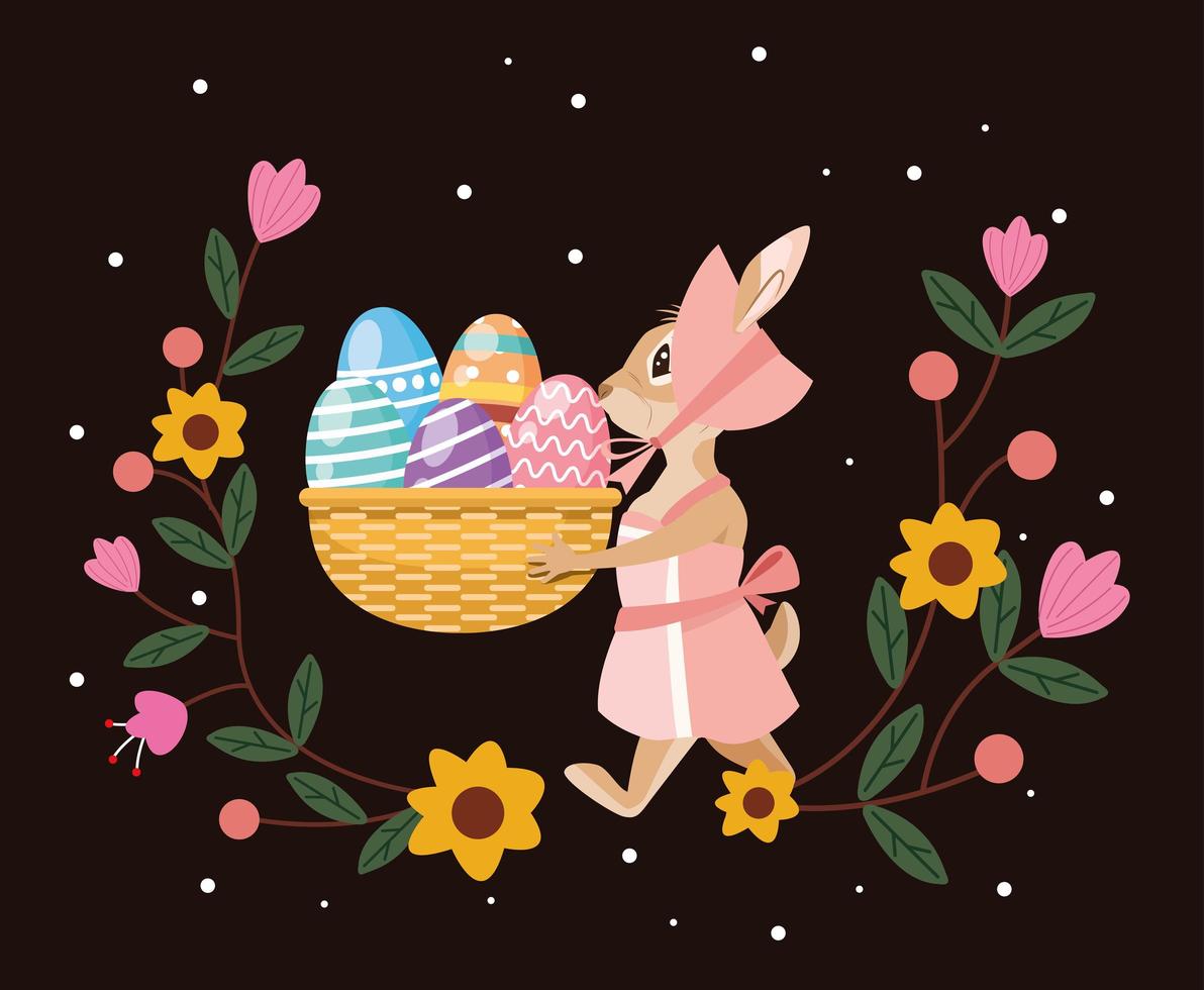 happy easter card with female rabbit and eggs painted in basket vector