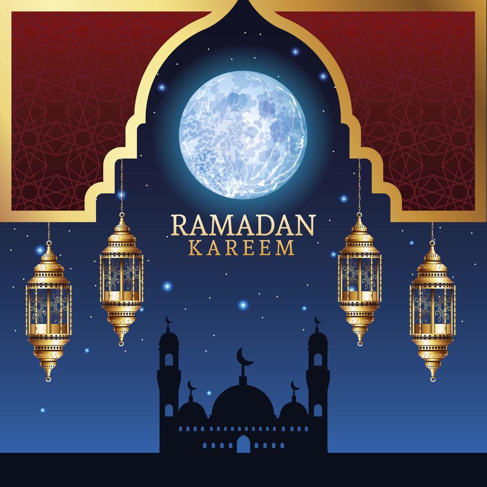 ramadan kareem celebration with taj mahal and lamps vector