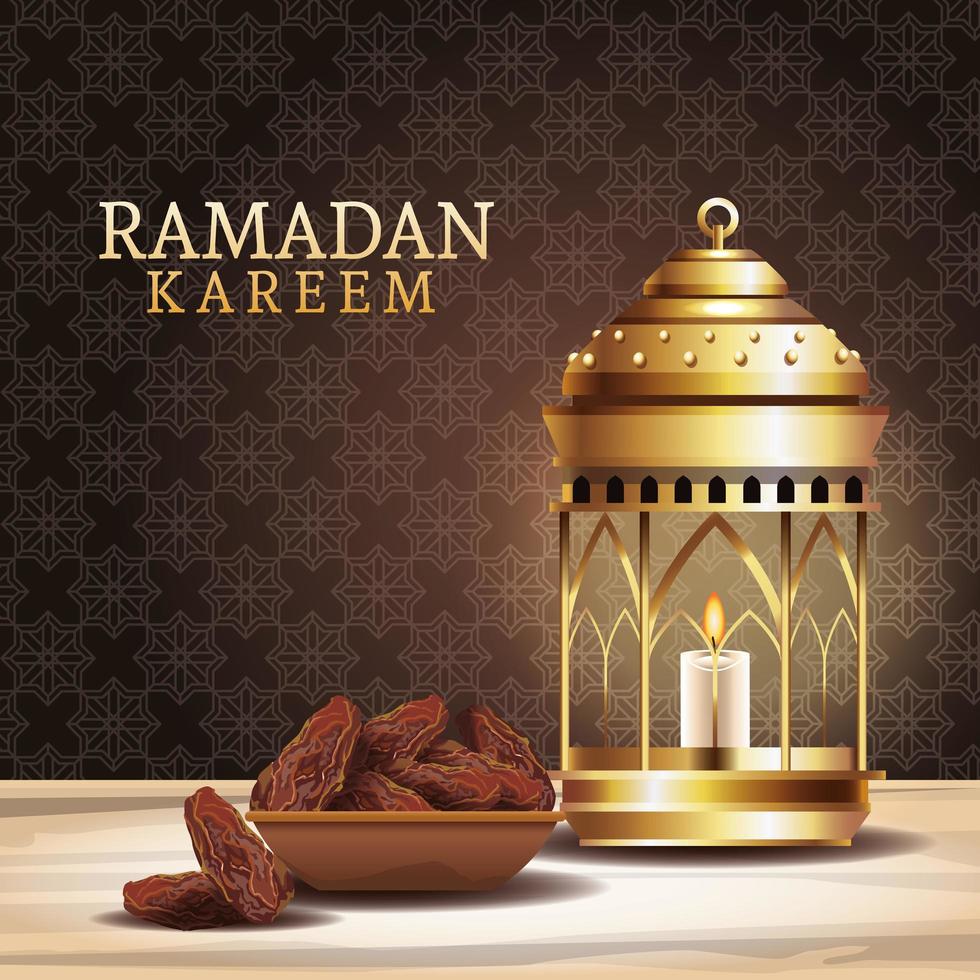 ramadan kareem celebration with lantern and dish food vector