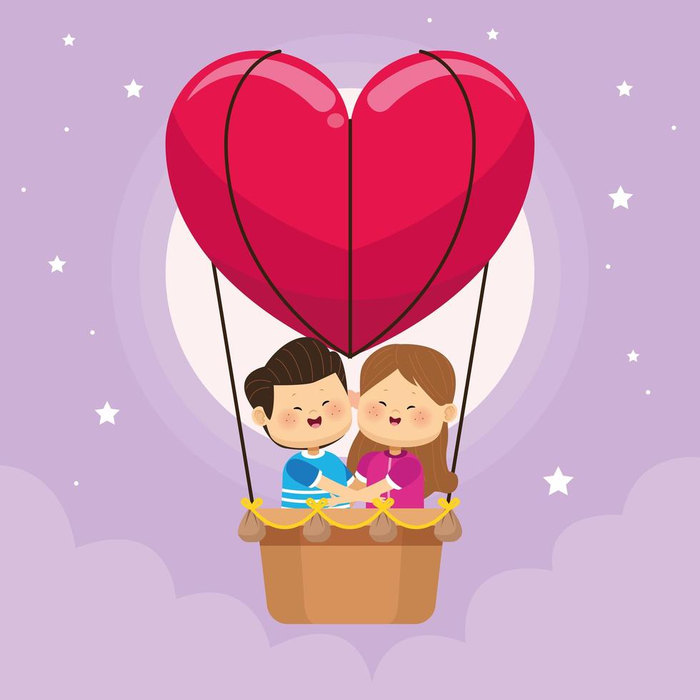 cute little kids couple in balloon air hot vector