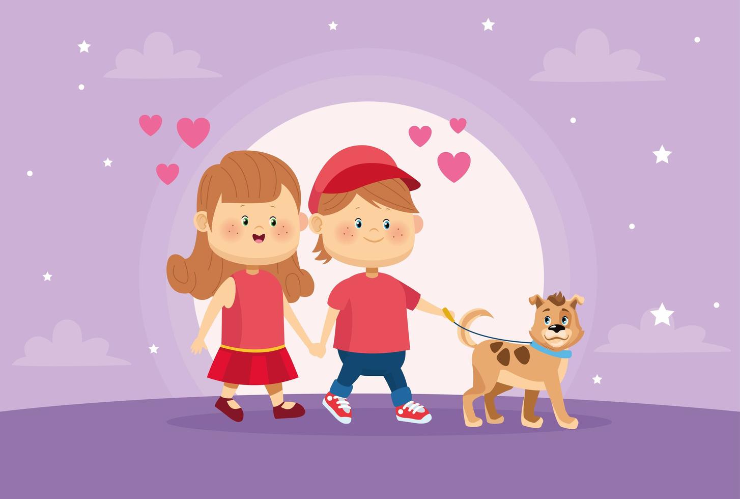 cute little kids couple with dog mascot vector