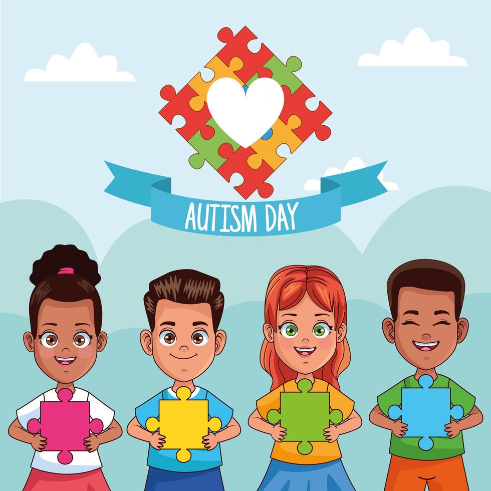 world autism day kids with heart puzzle vector