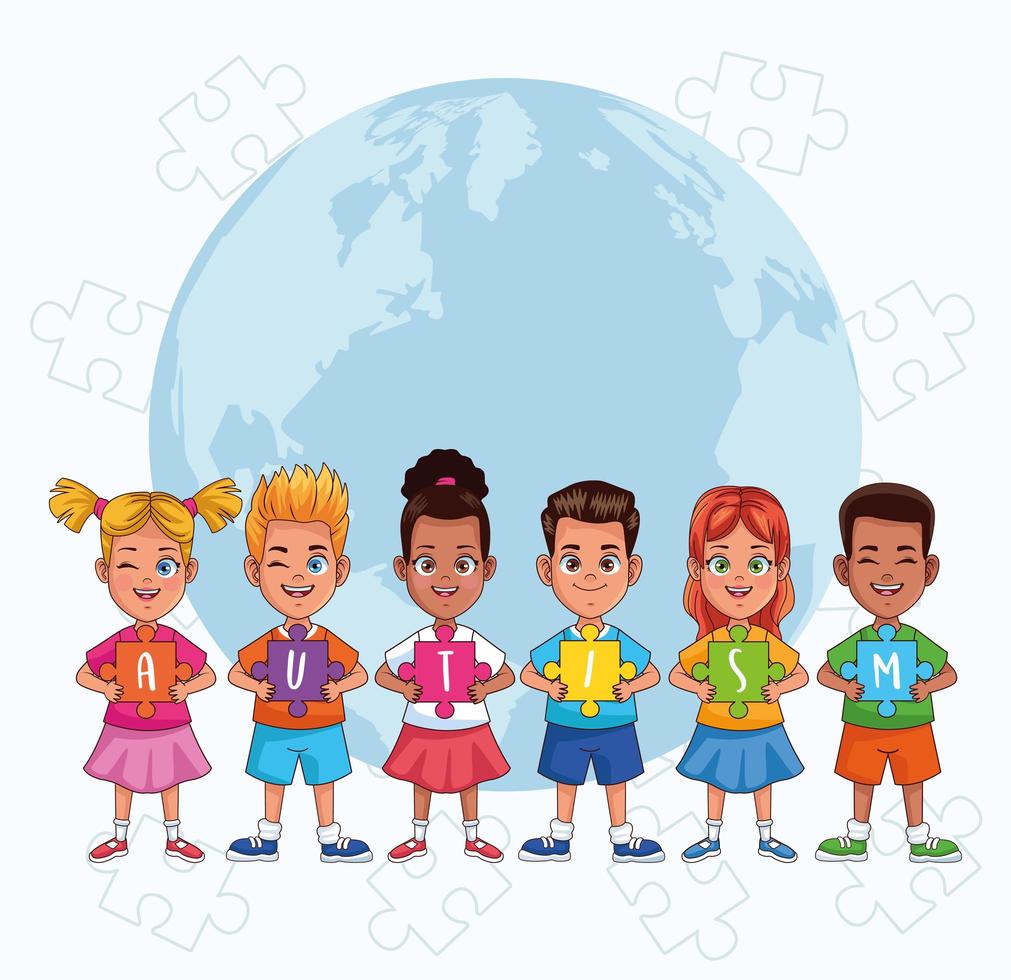 world autism day kids with world planet and puzzle pieces vector