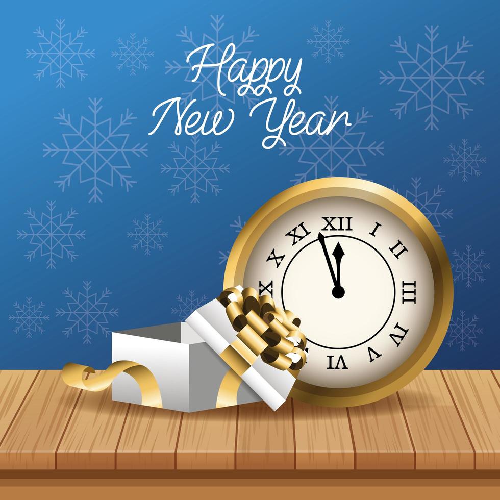 tarjeta de feliz año nuevo con reloj y regalo vector