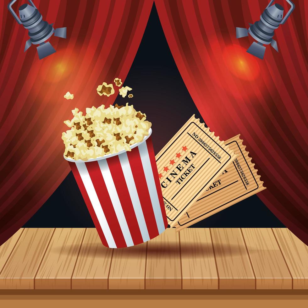 entretenimiento de cine con palomitas de maíz y entradas. vector