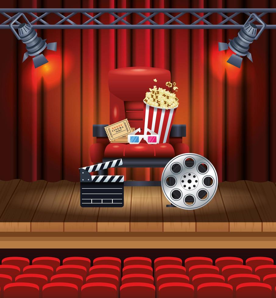 entretenimiento de cine con palomitas de maíz y gafas 3d vector