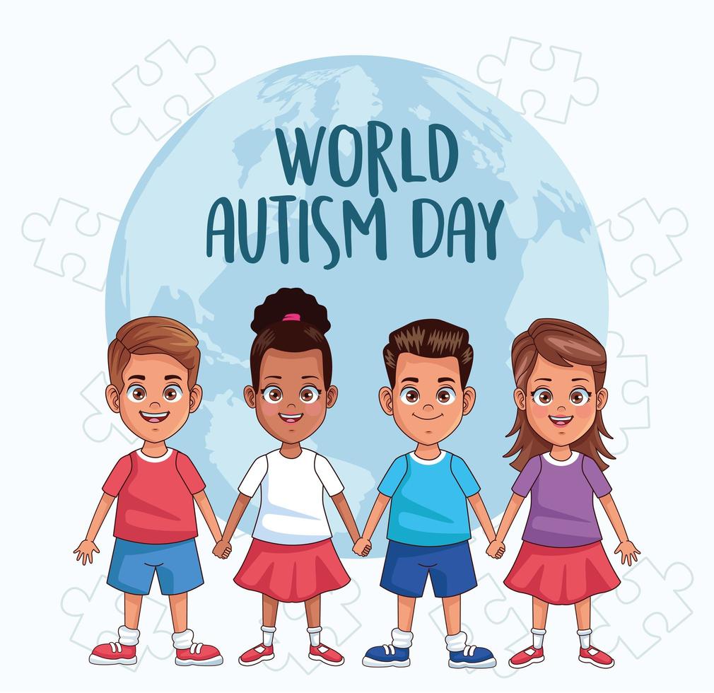 world autism day kids with world planet vector