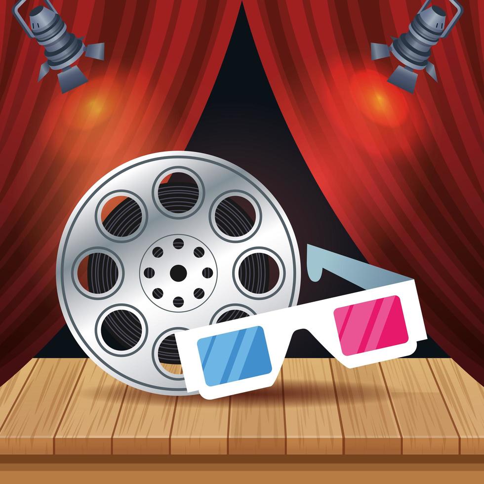 cinema entertainment with reel and 3d glasses vector
