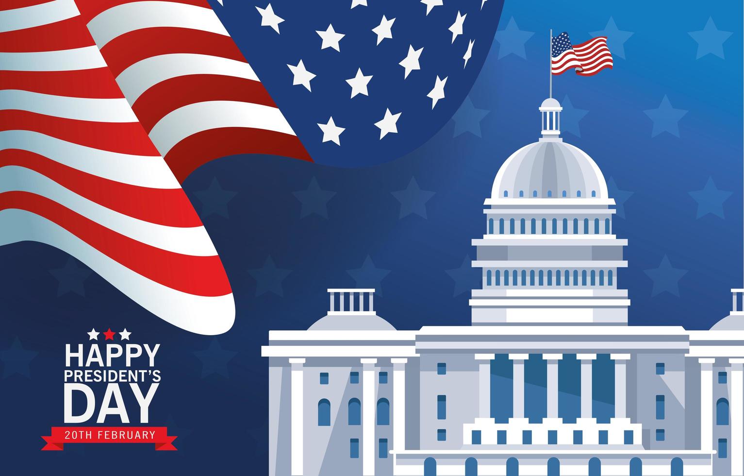 Cartel del feliz día de los presidentes con el edificio del capitolio de EE. UU. y la bandera vector