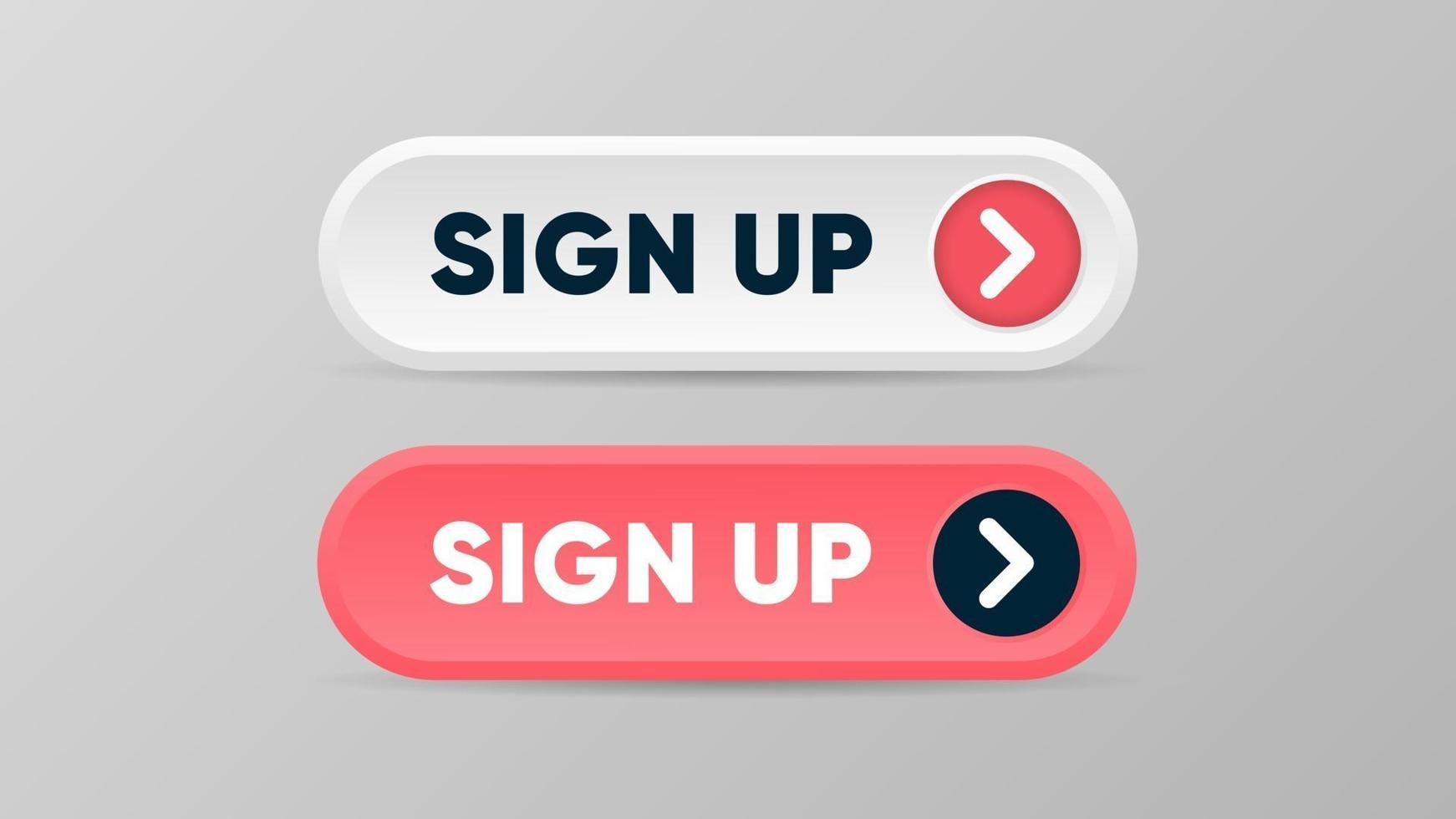 Sign up buttons in 3d style with arrow sign Red and white buttons to follow and subscribe to news or service Vector illustration