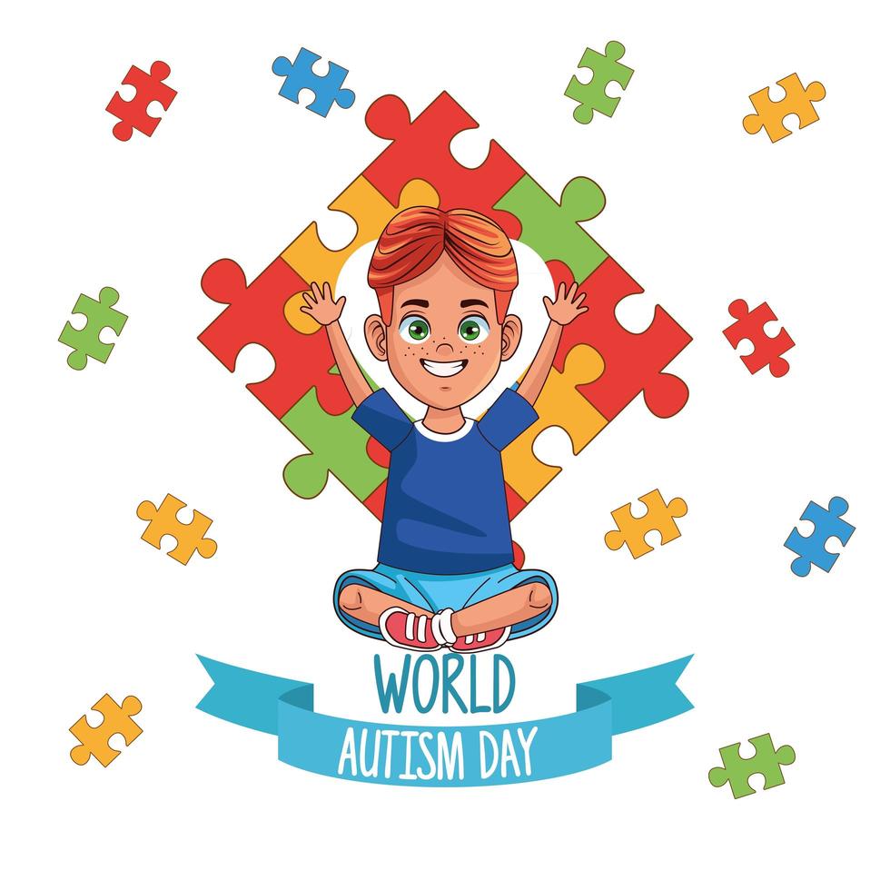 niño del día mundial del autismo con piezas de rompecabezas vector