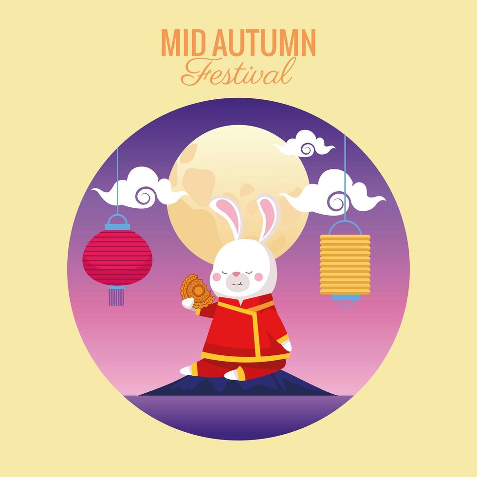 mid autumn celebration card with rabbit and full moon vector