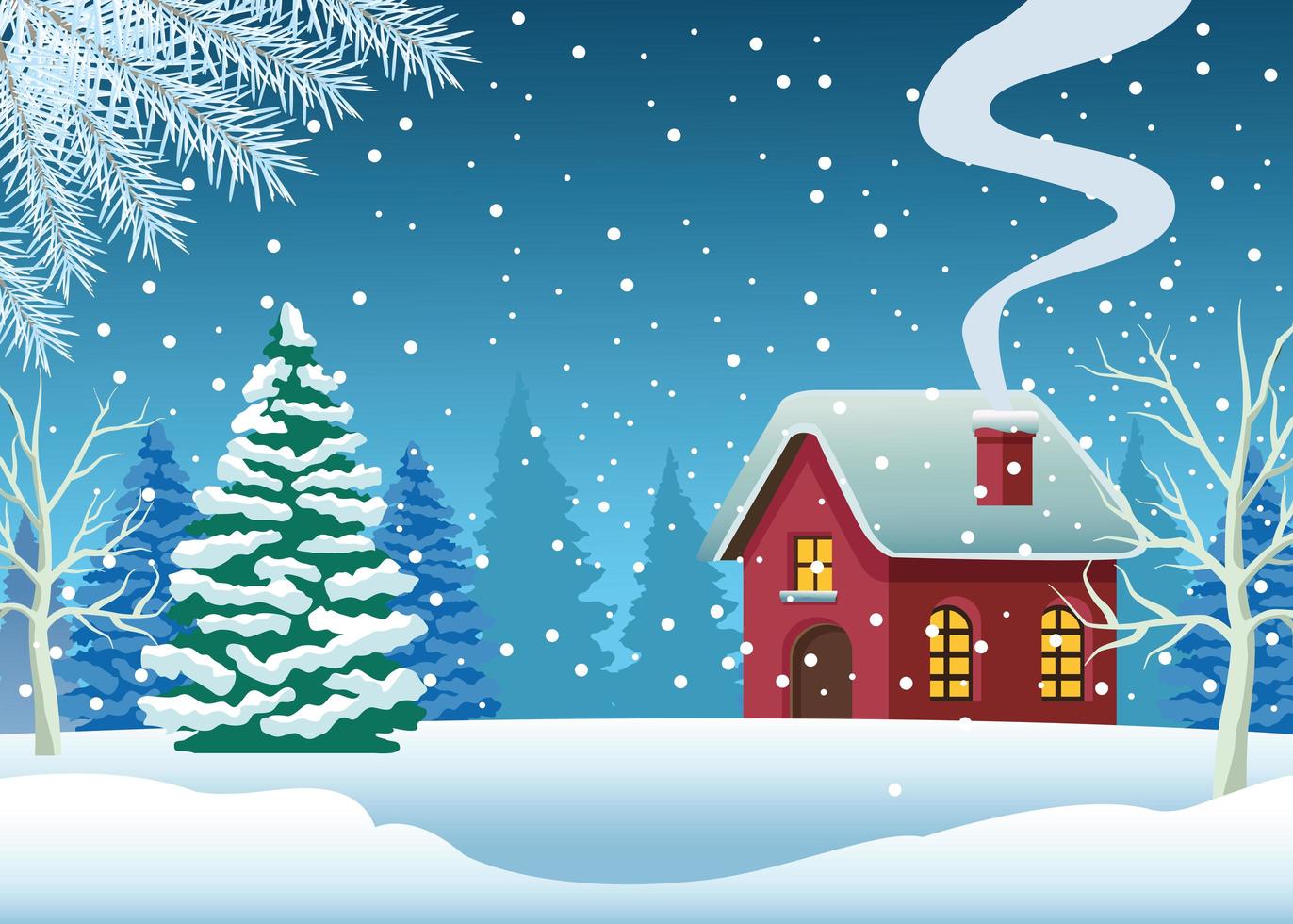 cute house and pine tree in snowscape scene vector