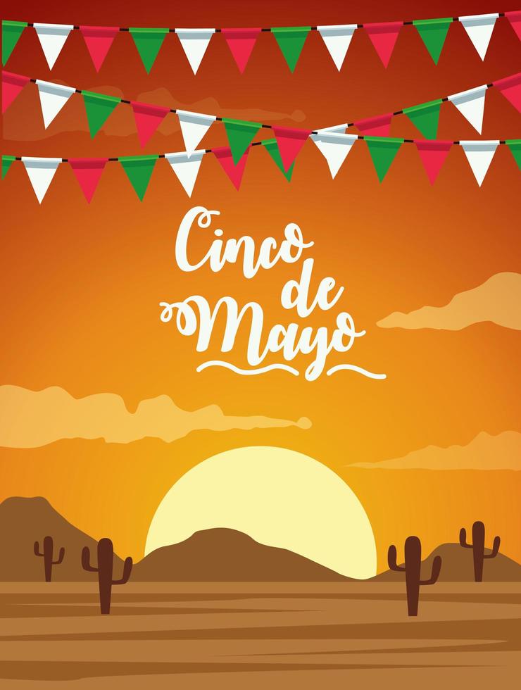 celebración del cinco de mayo con guirnaldas escena del desierto vector