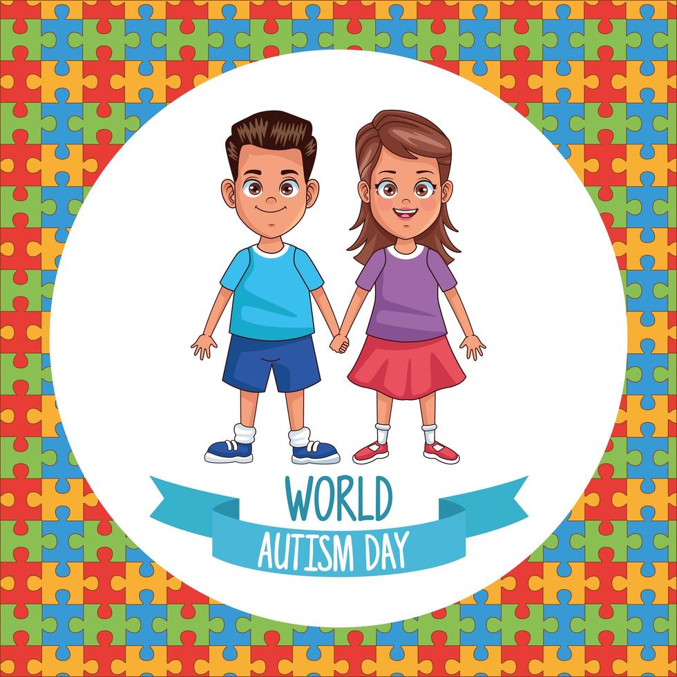 world autism day kids couple with puzzle pieces vector