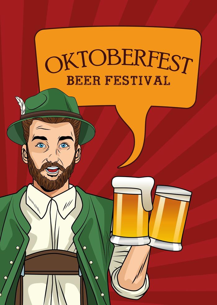 Tarjeta de celebración del oktoberfest con hombre alemán bebiendo cervezas vector