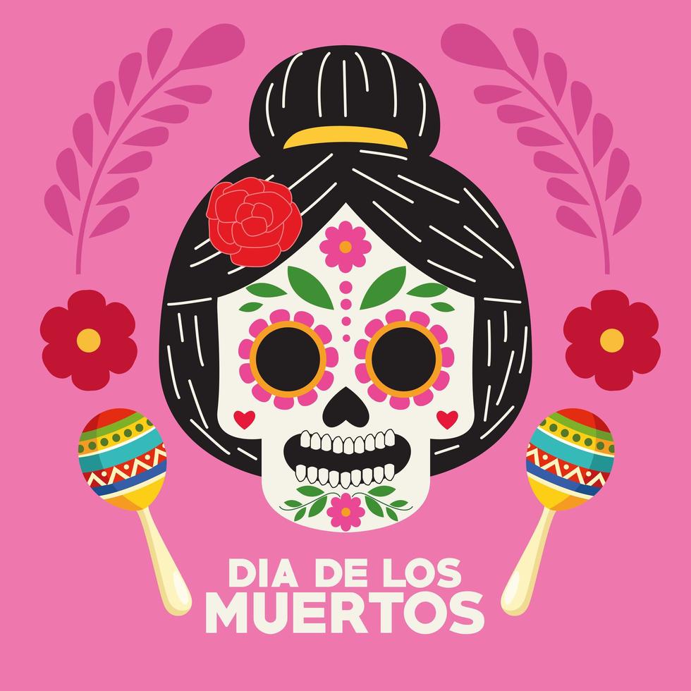 cartel de celebración del día de los muertos con cabeza de catrina y maracas vector