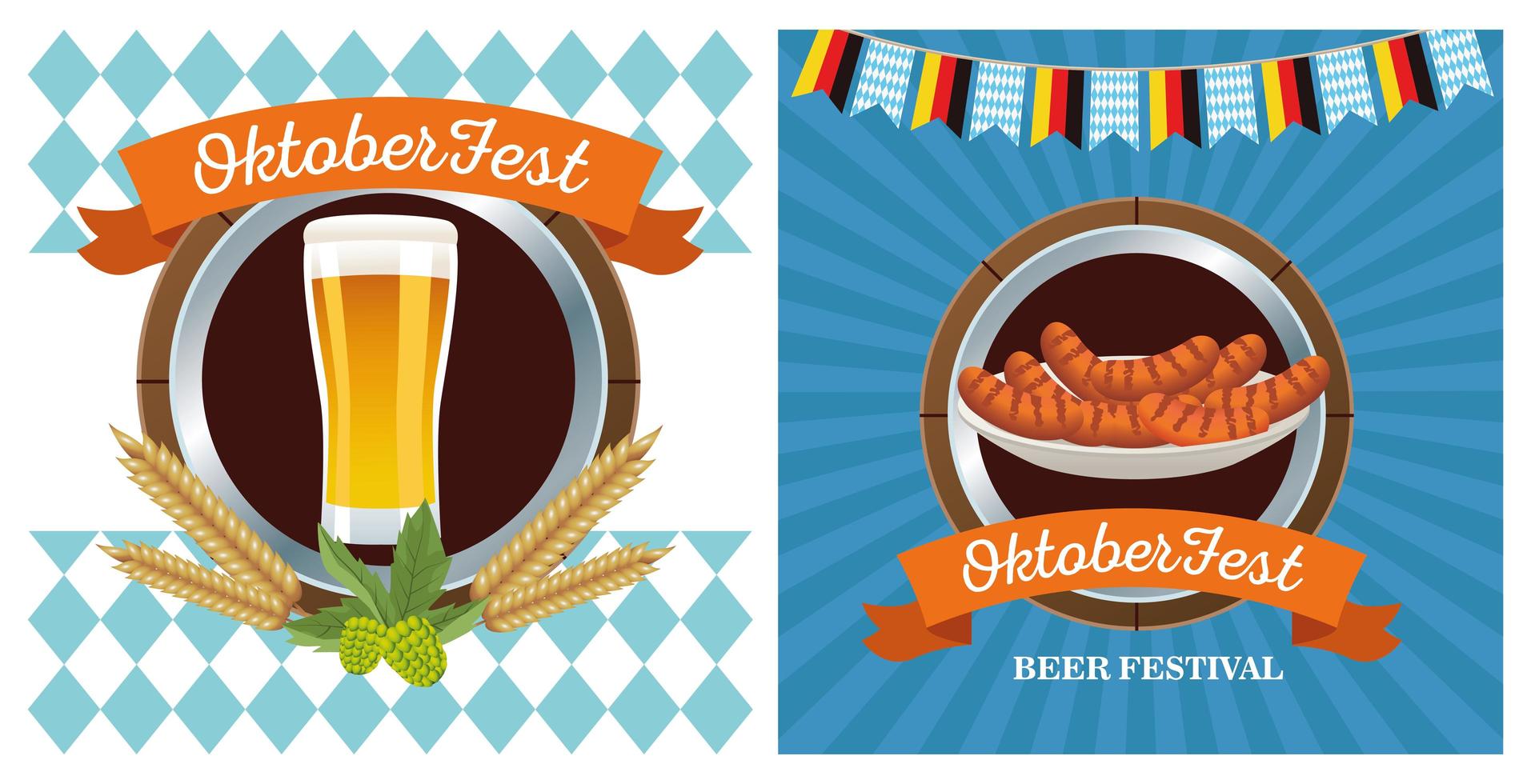 happy oktoberfest celebration with beer and sausages frames vector