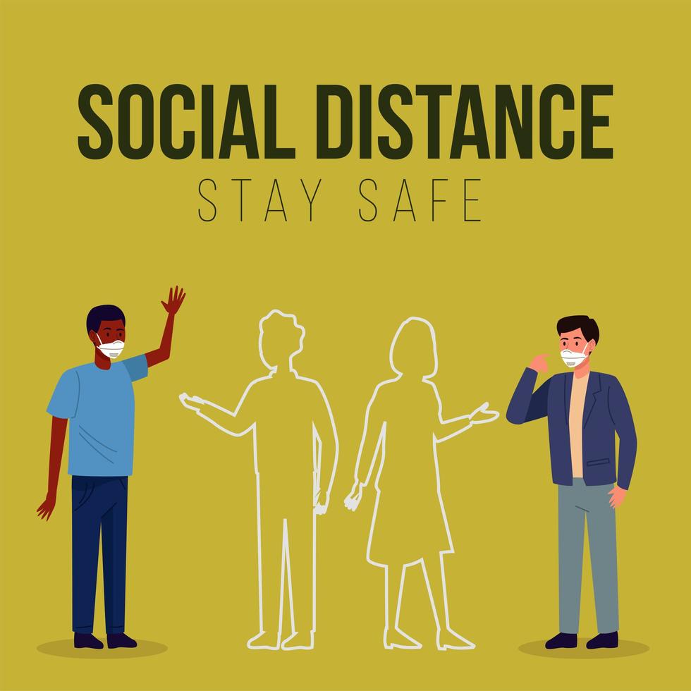 social distancing for covid19 prevention campaign with men wearing medical masks vector