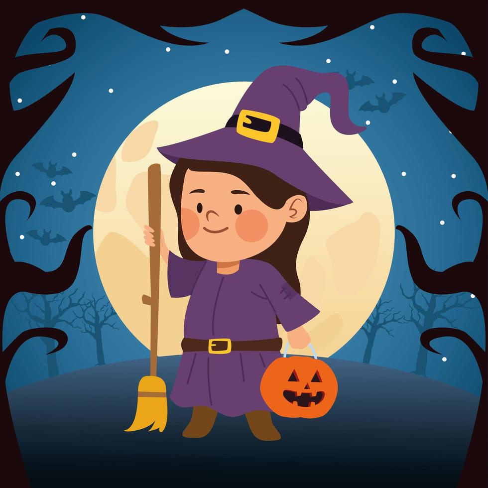 cute little girl dressed as a witch and moon night vector