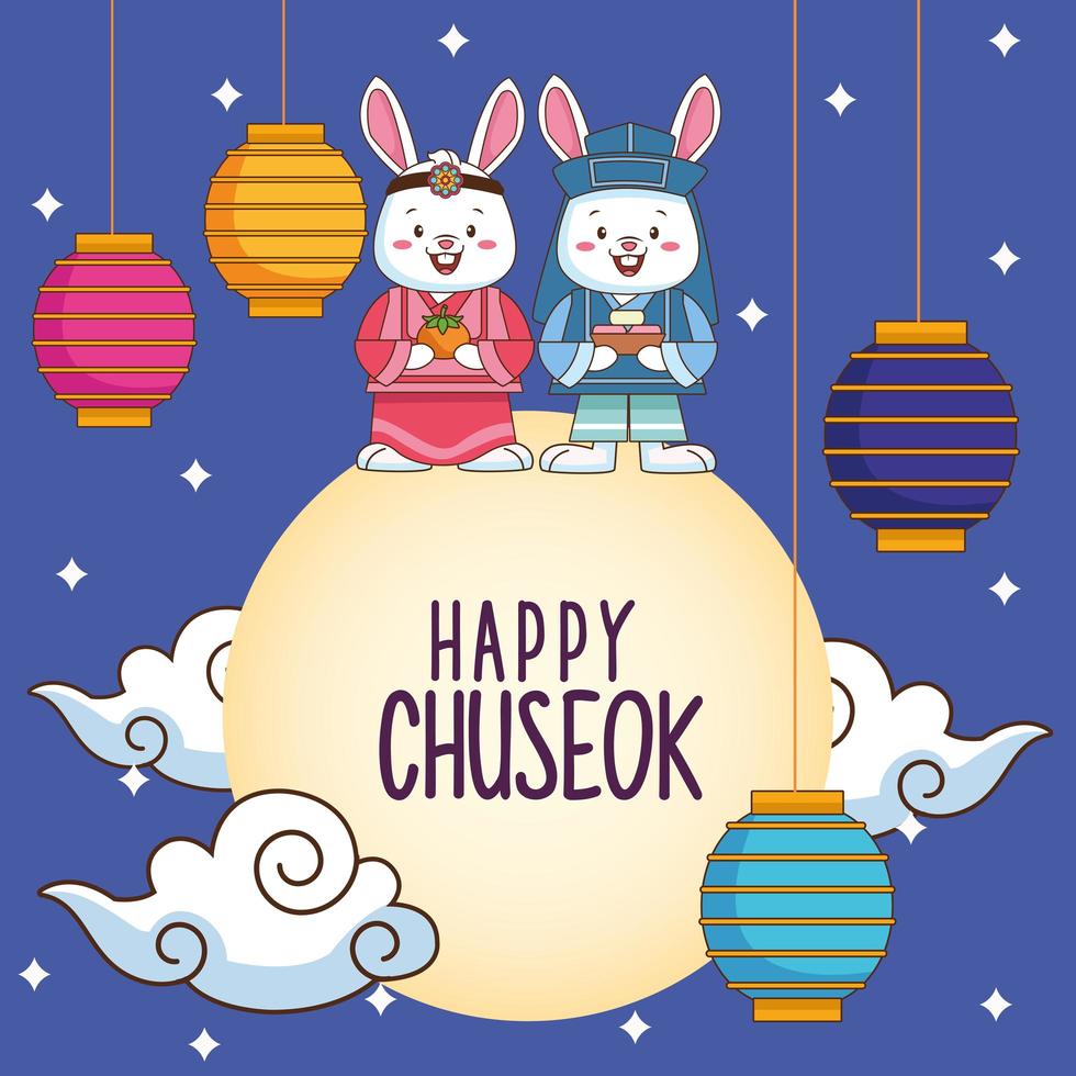 feliz celebración chuseok con pareja de conejos y lámparas colgando en la luna vector