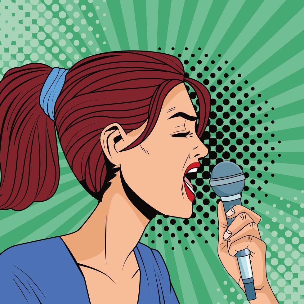 young woman singing with microphone character pop art style vector