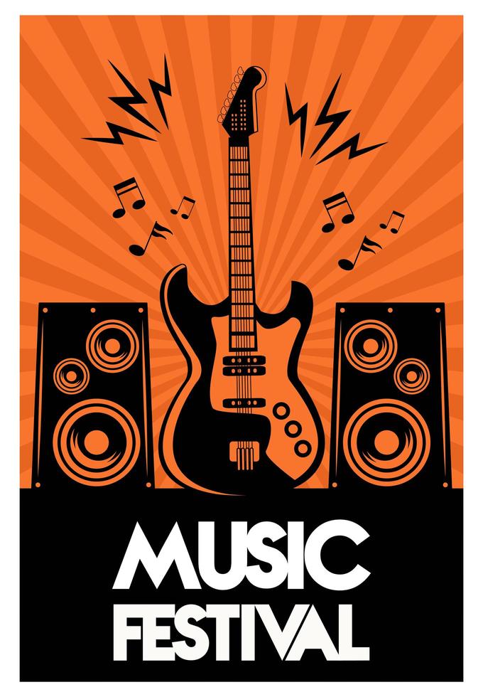 Cartel de letras del festival de música con guitarra eléctrica y altavoces. vector