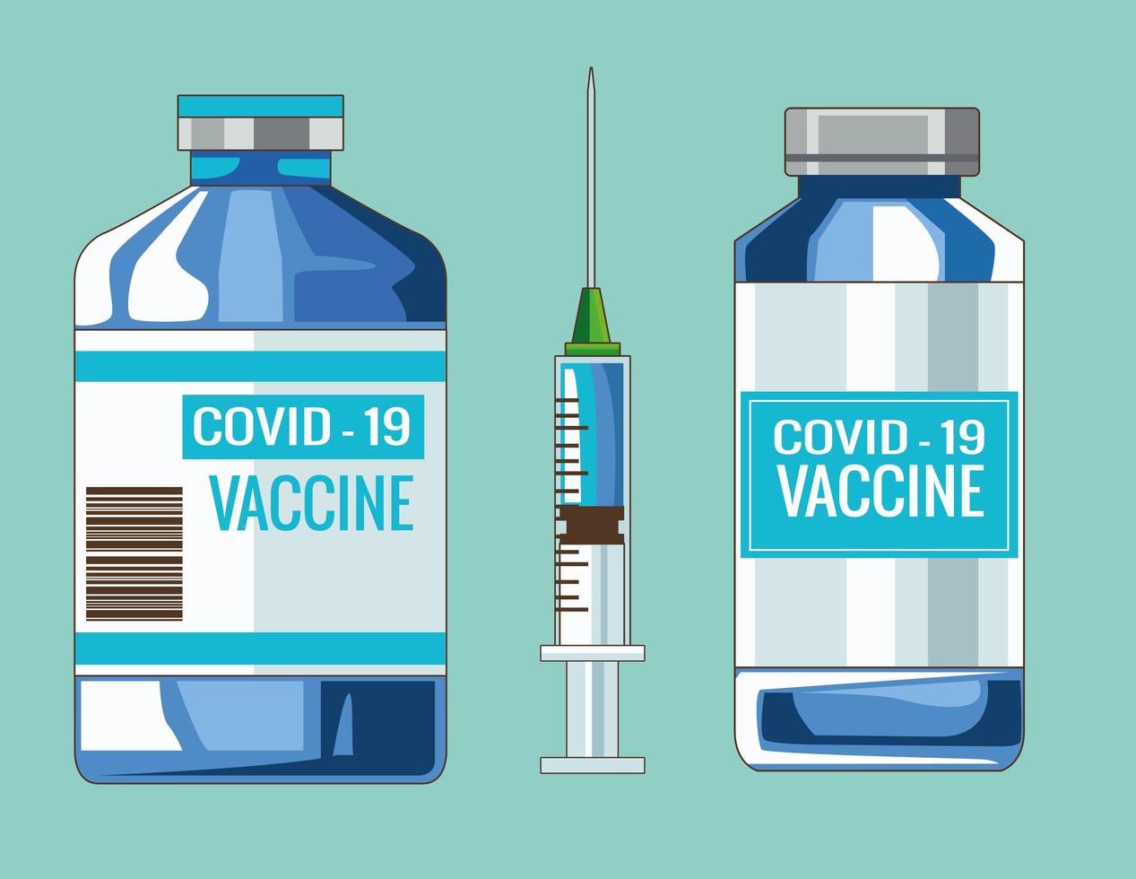 Viales de vacuna covid19 e inyección de jeringa vector