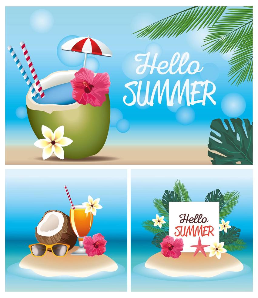 hello summer season holiday with coconut and cocktail vector