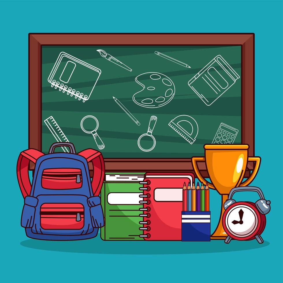 back to school chalkboard and equipment supplies vector