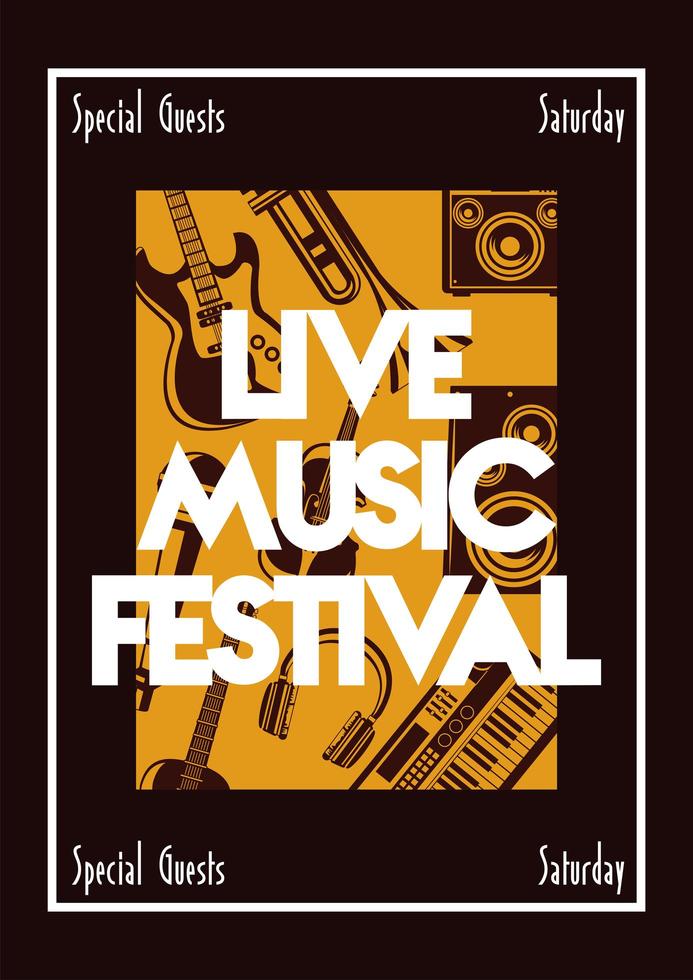 live music festival lettering poster with musical instruments in square frame vector