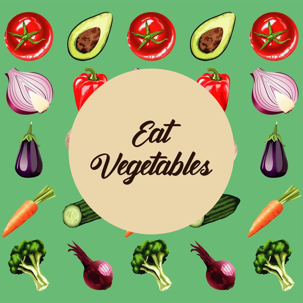 eat vegetables lettering poster with healthy food pattern vector