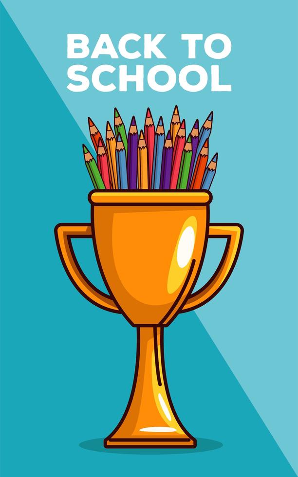 back to school lettering with colors pencils in trophy cup vector