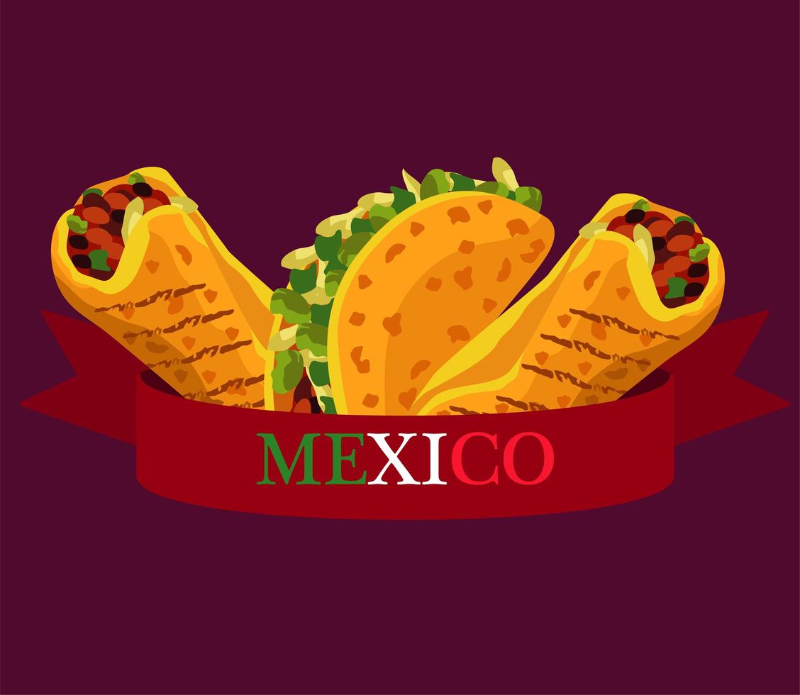 Cartel de restaurante de comida mexicana con tacos y burritos. vector