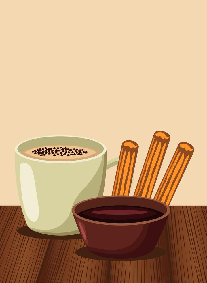 churros with chocolate and cup sweet food vector