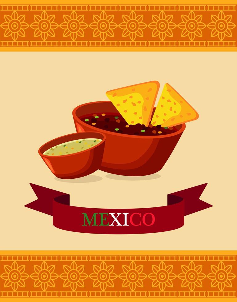mexican food restaurant poster with nachos in sauces and ribbon vector