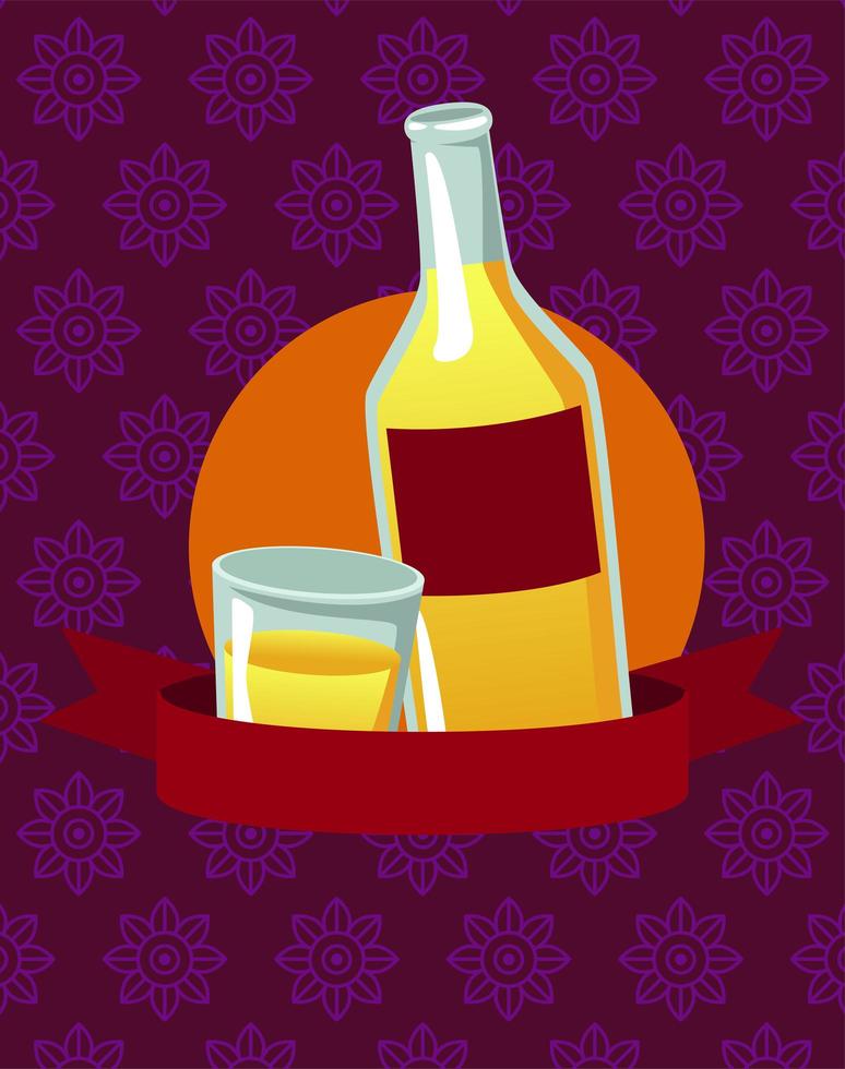 mexican tequila bottle and cup with ribbon frame vector