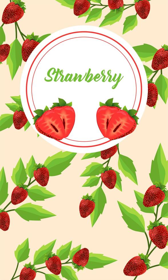 fresh strawberries fruits and lettering in circular frame vector