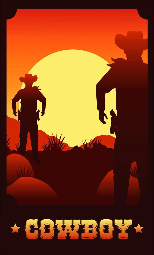 cowboy lettering in wild west scene with cowboys and guns in desert vector
