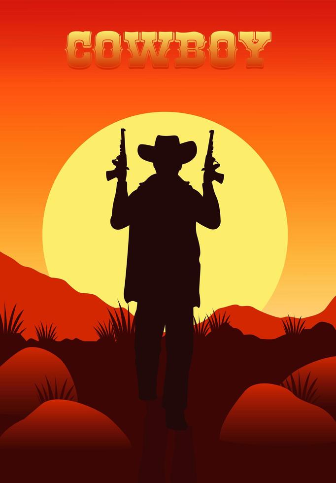 cowboy lettering in wild west scene with cowboy and guns vector