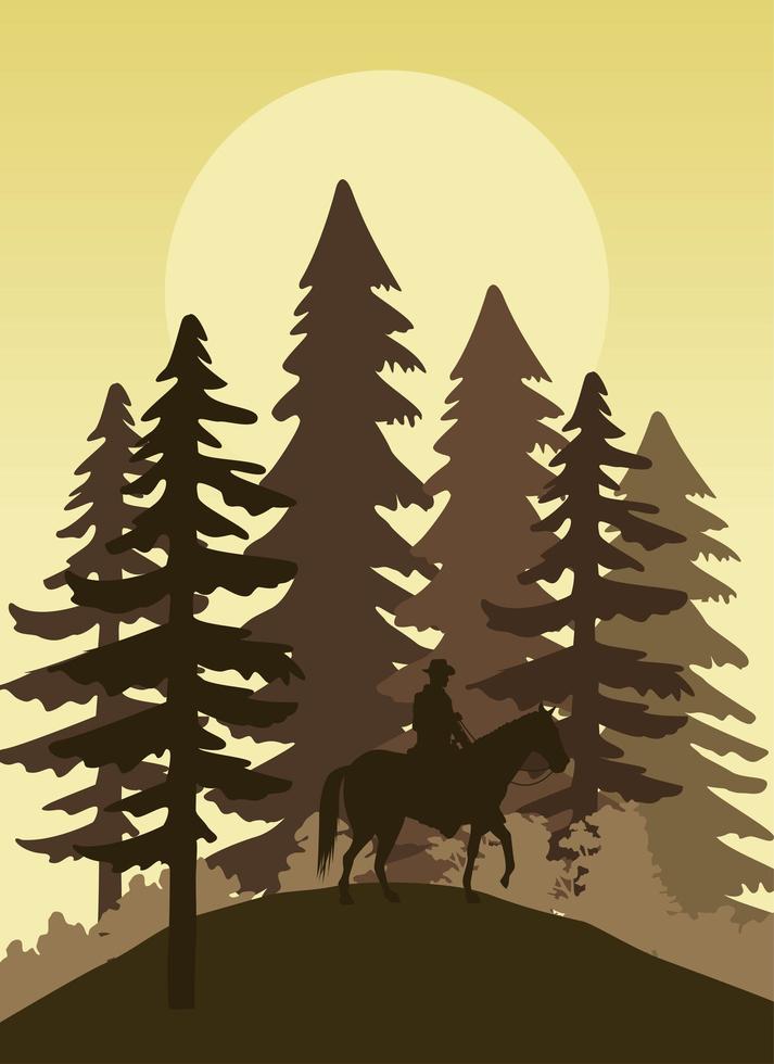 wild west sunset forest scene with cowboy in horse vector