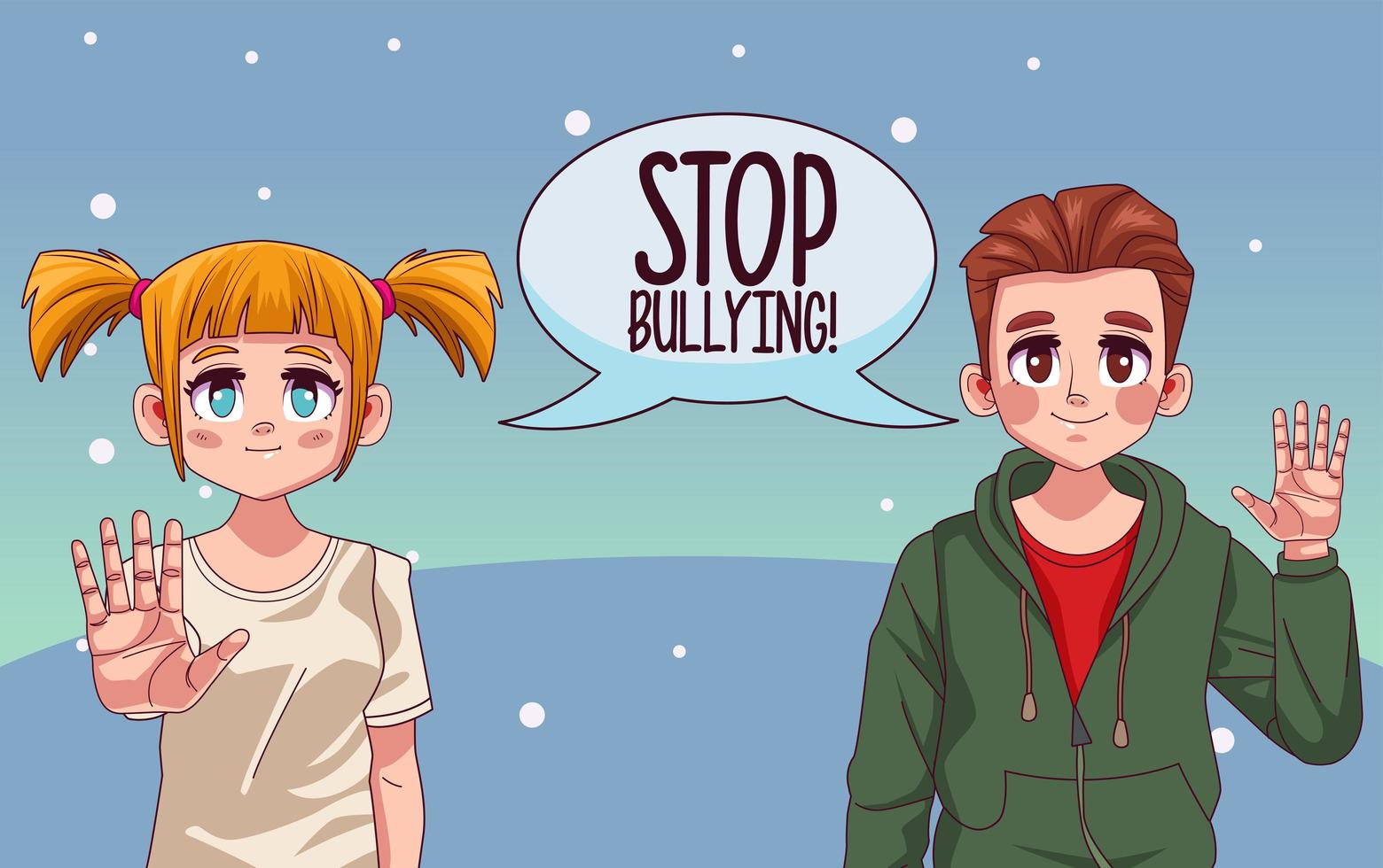 Pareja joven con letras de stop bullying en el bocadillo de diálogo vector