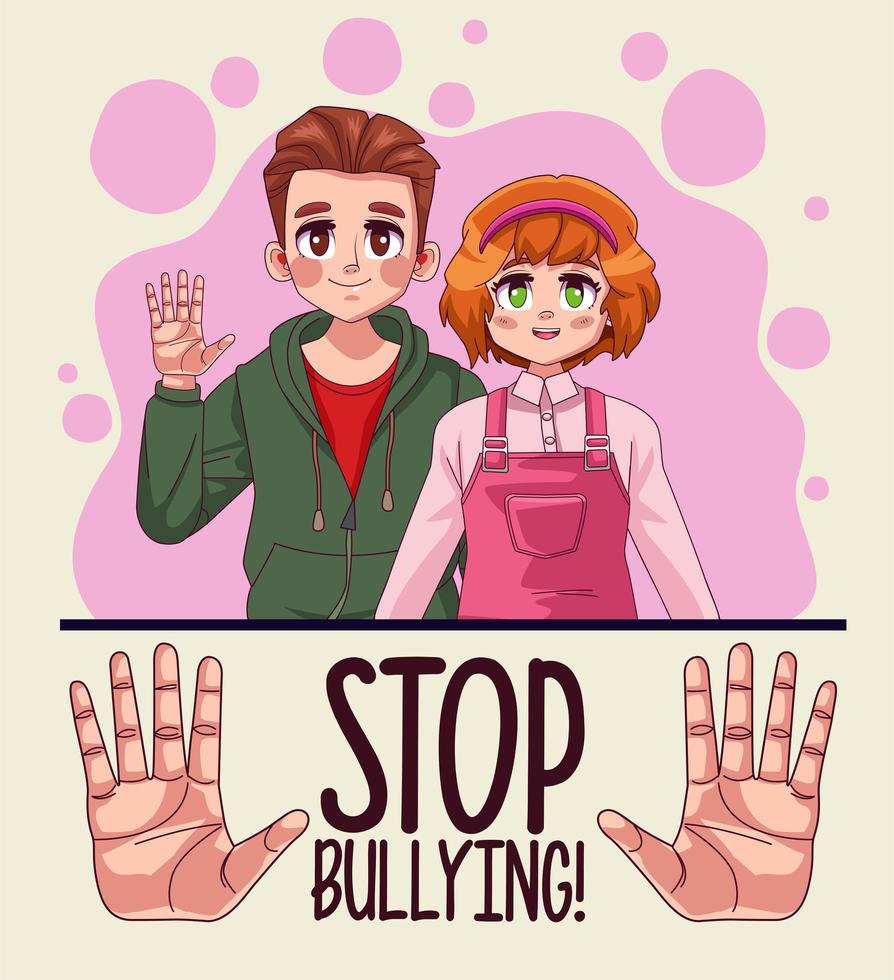 young teenagers couple with stop bullying lettering and hands stoping vector