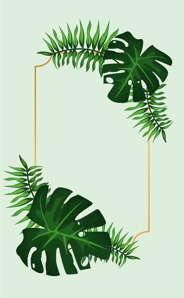 marco cuadrado tropical dorado decorativo con hojas verdes vector