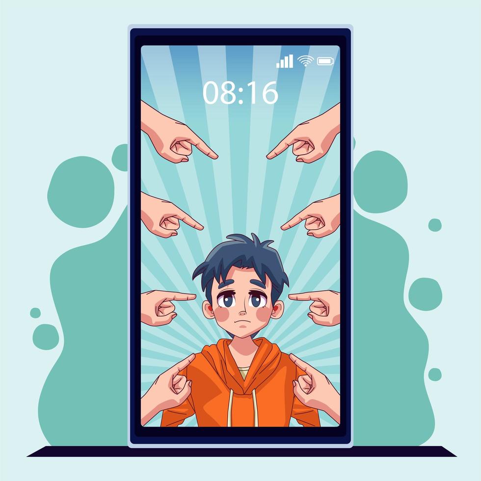 young teenager boy in smartphone with hands bullying attacking vector