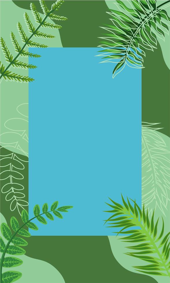 Marco tropical decorativo con hojas verdes sobre fondo azul. vector