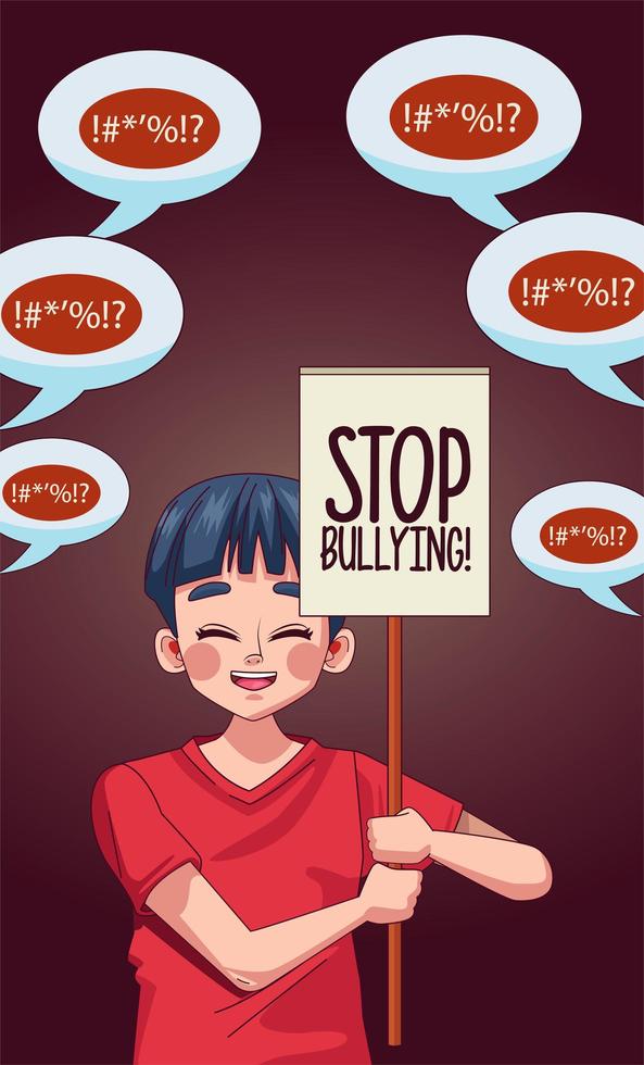 Muchacho joven adolescente con letras de stop bullying en pancarta de protesta vector