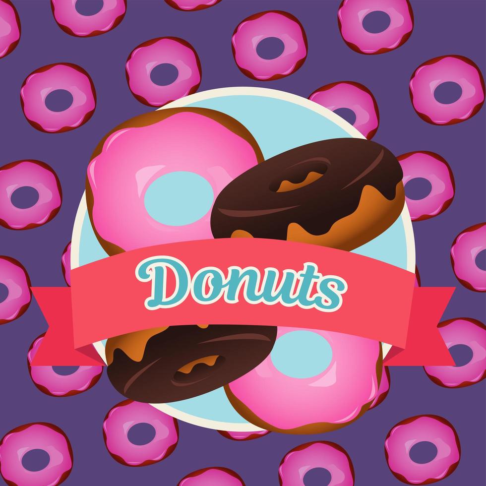 delicious sweet donuts pattern with ribbon frame vector
