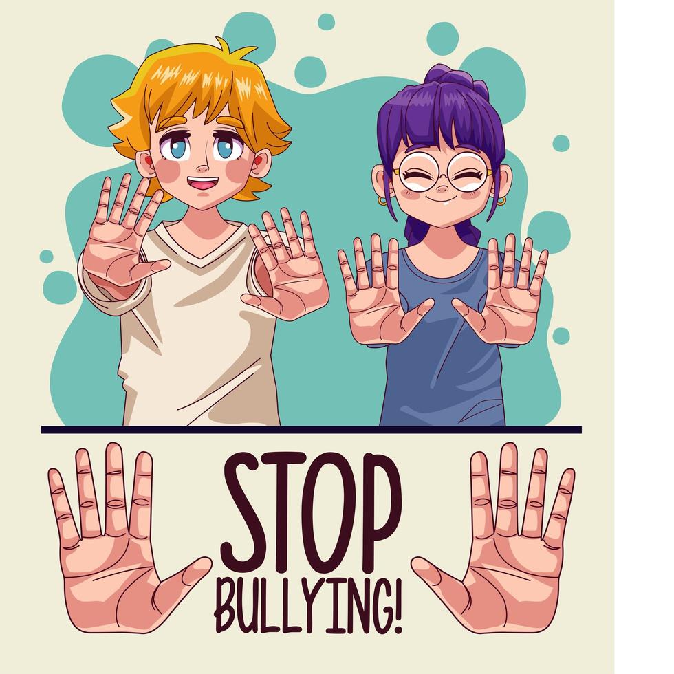 young couple with stop bullying lettering and hands stoping vector